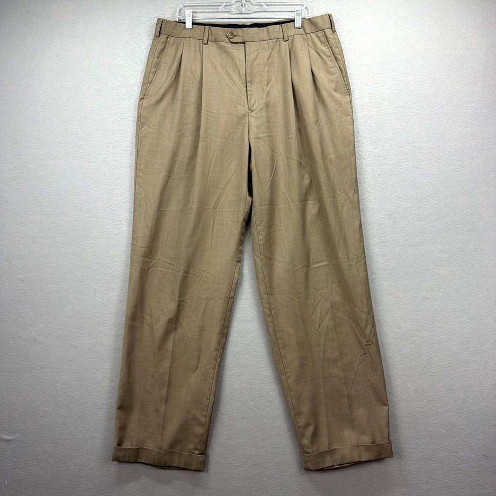 Perry Ellis America Oxford Pants Mens 38x34 Khaki Pleated High‎ Rise Cuffed Hem